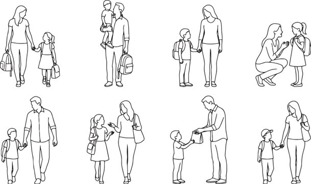 Parents and Children Walking to School Holding Hands and Carrying Bags