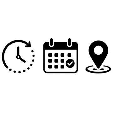 Black vector icon set featuring clock history, event calendar, and map pin location on white background.