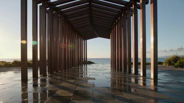 Framing centered colonnade revealing ocean horizon at seaside promenade, sun shifting reflections