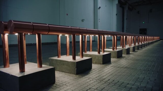 Starting pan, camera revealing copper pipe and posts on bases in large hall, showing rhythm