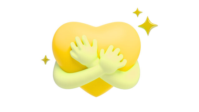 Yellow 3D heart with hugging hands, soft clay style love emoji, cute self care icon with sparkles on white background