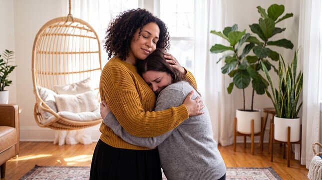 Woman comforting crying friend with warm embrace in bright bohemian living room for emotional support