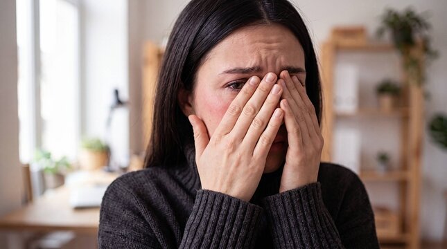 Distressed woman covering face with hands showing worry and emotional exhaustion at home