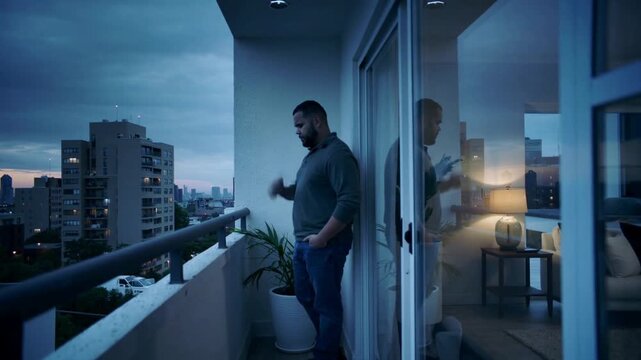 Answering call, man in dark pullover and jeans speaking on phone on balcony at dusk, reflection