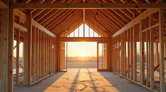 Proyecto de construcci&oacute;n residencial visto desde el interior de una casa de estructura de madera sin terminar al amanecer; se aprecian los montantes y las vigas del techo