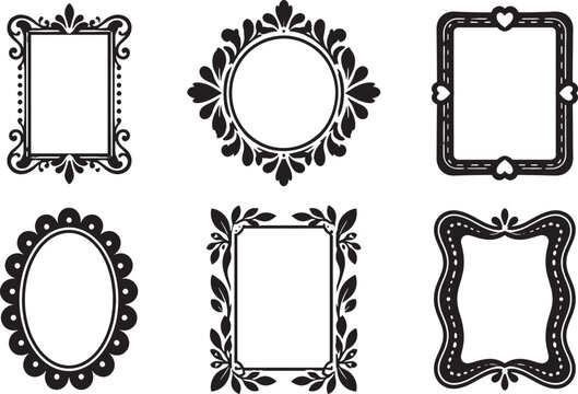 Black decorative frame silhouettes featuring rectangular, oval and ornate floral borders with hearts, leaves and dotted details, elegant vector collection, concept of framing, wedding and celebration