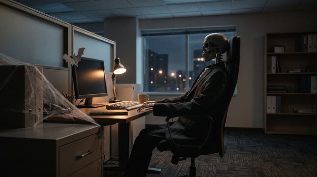 A side view of a Skeleton Desk Chair sitting alone at a computer in a dark office