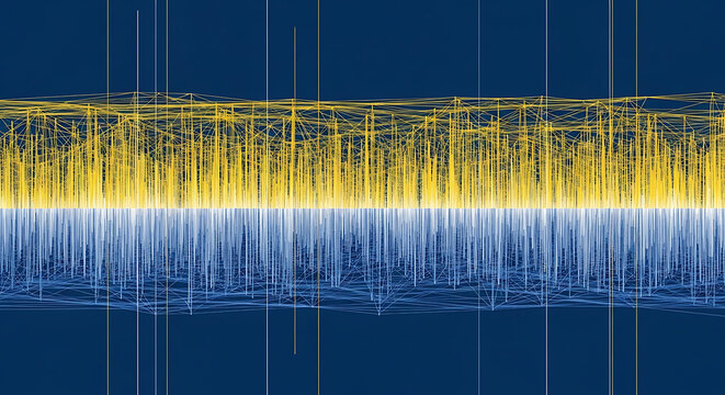 Abstract data visualization with yellow and white vertical lines on a dark blue background