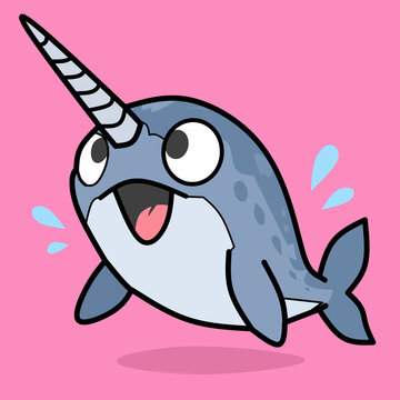 Cute Happy Narwhal Cartoon Character with Unicorn Horn on Pink Background