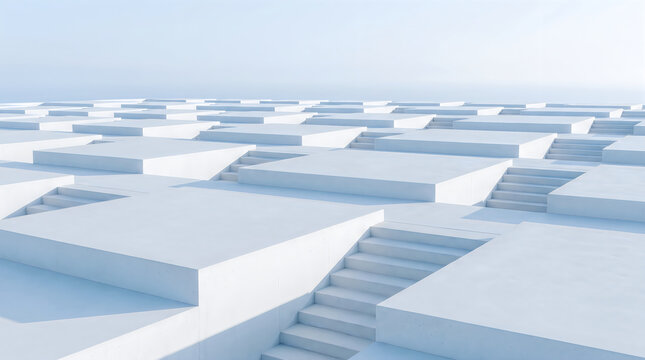 Abstract white stairs and platforms forming a repetitive geometric pattern under a bright blue sky