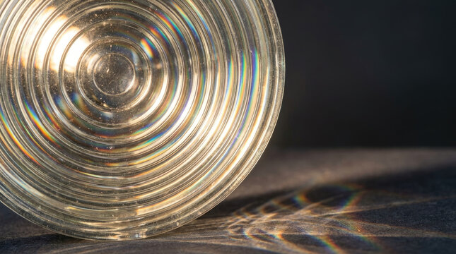 Translucent Fresnel lens casting colorful reflections on surface, creating mesmerizing effect