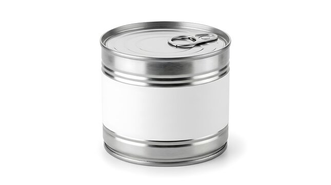 Round metal tin can for canned food, meat or fish isolated on white background. Mockup of blank aluminum container with ring pull on lid and white label