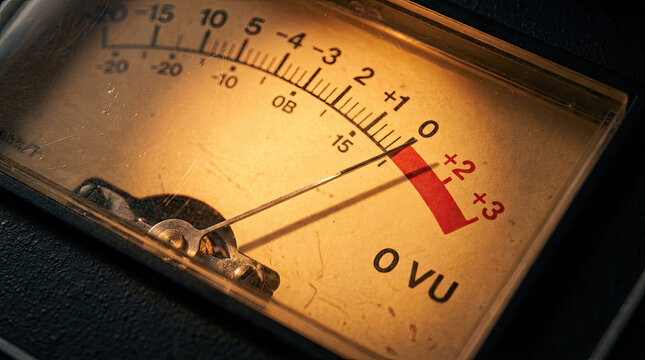 Analog meter needle tip shows measurement on scale with warm lighting