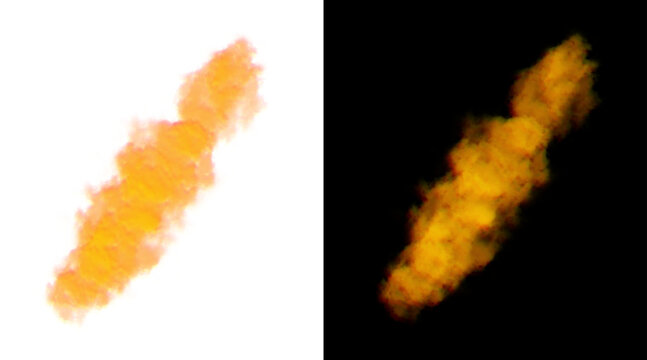 Orange smoke explosion on white and black background, vibrant fire cloud texture, abstract colorful dust burst for design overlays