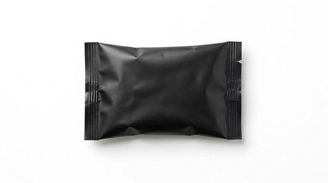Black packaging candy plastic sachet mockup isolated on white background.