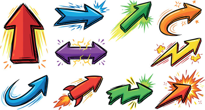 Comic Book Style Dynamic Directional Arrows Set with Rocket, Speed Lines, Lightning, and Explosions Vector Illustration for Graphic Design