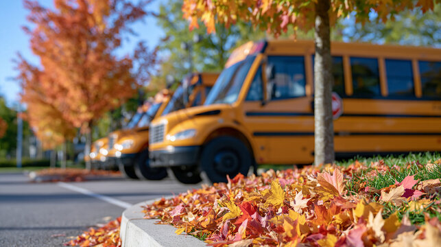 Neatly aligned bright yellow school buses parked diagonally across a sunlit school parking lot, rich piles of crimson, orange and golden leaves accumulated along the asphalt edges and around the tir