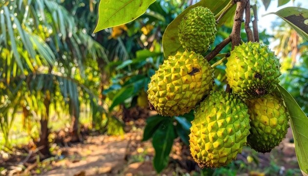 Green soursop fruits hanging from tropical tree branch
