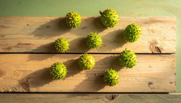 Green spiky chestnuts on wood board.