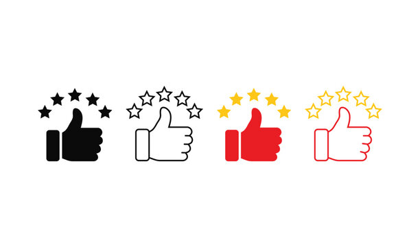 Set of thumbs up icons with five stars rating, positive feedback and customer satisfaction symbols vector