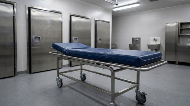 A stainless steel hospital gurney with a blue mattress stands in a morgue room, relating to the grave consequences of expired medication left behind in a clinical facility