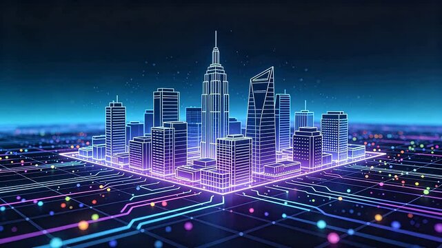 Futuristic smart city model with neon building outlines and glowing grid base