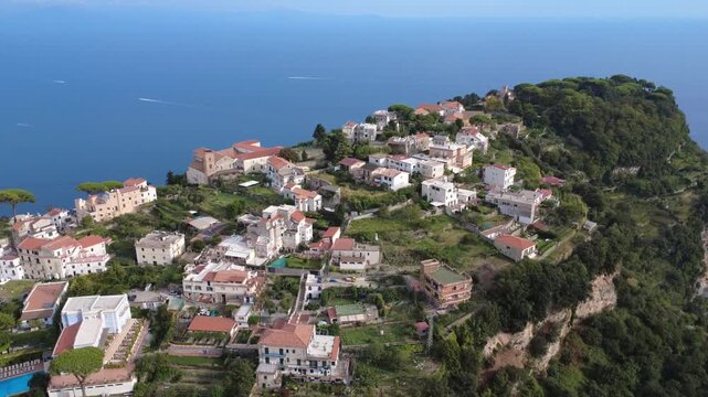 Aerial panoramic orbit shot over Ravello village and Villa Cimbrone estate 4K