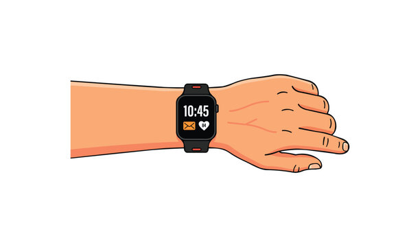 Illustration of a human hand wearing a modern smartwatch showing time and notifications vector