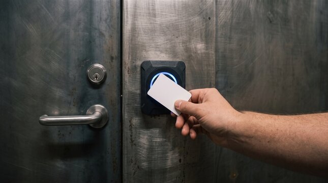 Hand holding an access card beside an electronic door reader
