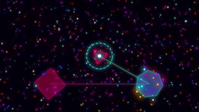 Colorful cosmic space illustration with geometric shapes and star clusters