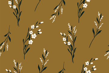 Seamless floral pattern, simple ditsy print of hand-drawn wildflowers in a fall motif. Elegant botanical design of small flowers, tiny leaves, and thin twigs on a brown background. Vector illustration © Yulya i Kot