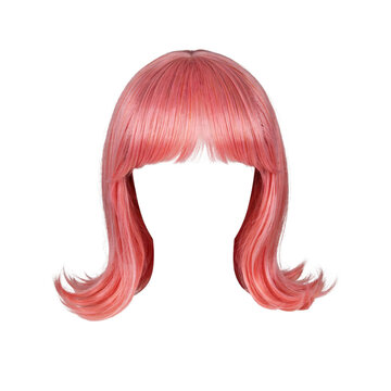 Shoulder length pink synthetic wig with straight bangs and flipped ends isolated on a transparent background