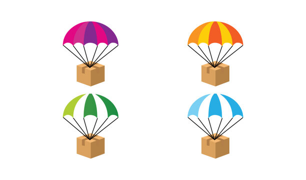 Set of four colorful parachutes with cardboard delivery boxes vector