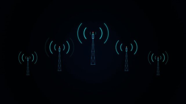 Five cell tower icons emitting wireless signal waves illustration