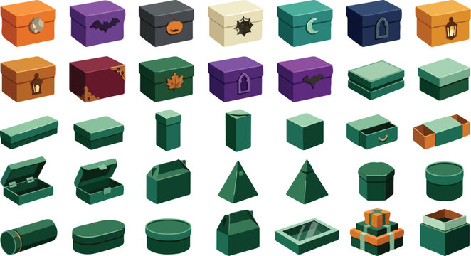 Isometric Treasure Chest Collection, 32 Holiday Gift Boxes, Game Reward Icons, Vector Art Illustration Set, Cartoon Chests isolated PNG with Transparent Background halloween ,editable eps