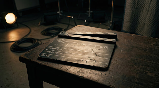 Clapperboard slate on wooden table in film studio setting, capturing essence of filmmaking