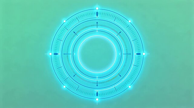 Futuristic technology concentric circular interface with scales arrows nodes and blue gradient background