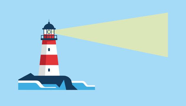 Red and white striped lighthouse stands on a dark rocky island casting a bright yellow beam of light into the sky.