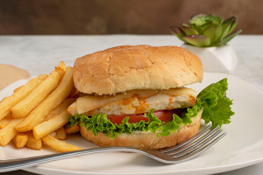 chicken  fillet sandwich  served with a side of fries