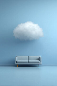 cloud in a room floating over white sofa, small fluffy cloud against pale blue wall and smooth blue floor, photorealistic