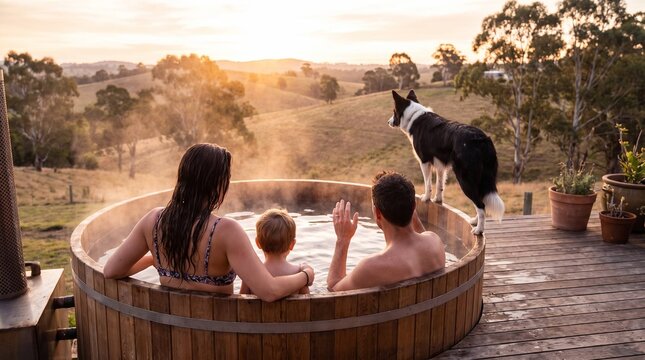 Family relaxing in wood fired hot tub watching countryside sunset with border collie dog
