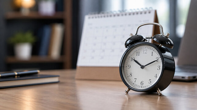 Alarm clock and calendar represent bill payment reminders, recurring expenses, and budgeting to avoid late fees and manage finances efficiently.