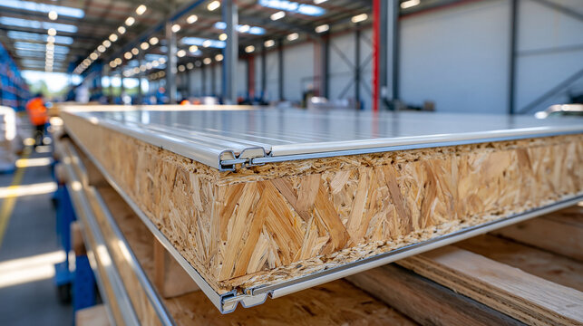 Close up of a construction seam between white insulated sandwich panels inside a spacious cold storage warehouse, multiple insulation layers visible beneath the smooth exterior coating, bright ceili
