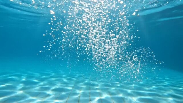 Underwater view of bubbling water ascending from the tiled pool floor with sunlight reflections