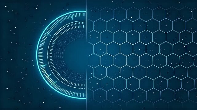 Futuristic sci-fi interface with semicircular scales and hexagonal grid on deep blue starry background