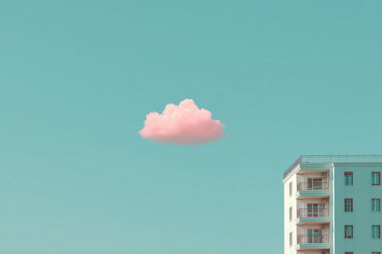 cloud in pink in the air floating over facade of apartment building, small cloud left of white corner balconies, photorealistic