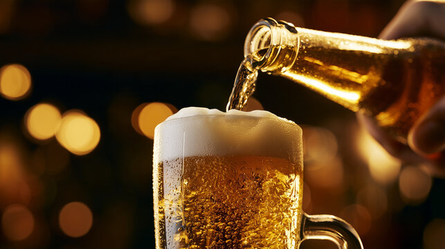 Golden beer pouring into a glass with rising foam and condensation droplets, a refreshing beverage scene against a warm blurred bar background.