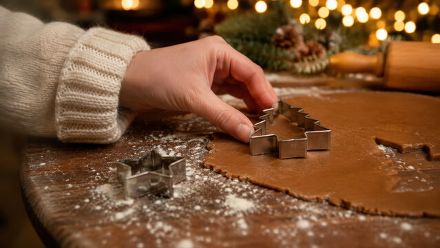 Christmas baking scene with a hand cutting tree-shaped gingerbread dough on floured wooden table beside festive lights and evergreen decor.