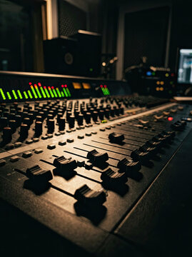 Professional audio mixing console with faders and controls in studio setting, creating music