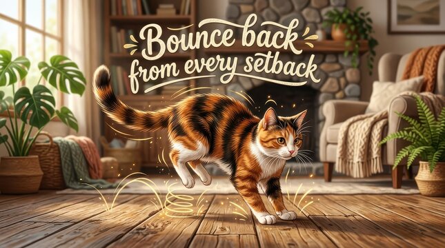 Inspirational Quote Bounce Back From Every Setback with a Cute Calico Cat Jumping in Living Room